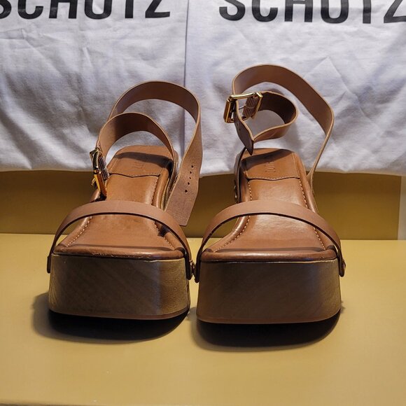 $89 NWT (8.5) SCHUTZ Camel Leather Wedge Sandal - Picture 4 of 12